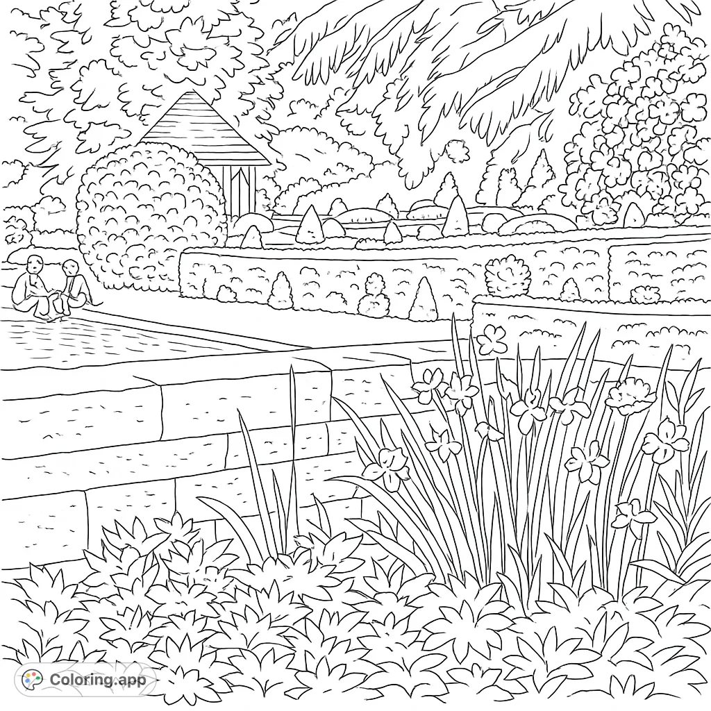 Unwind in a serene garden. This coloring page features people by a reflecting pool, formal hedges, lush trees, and a charming pavilion.