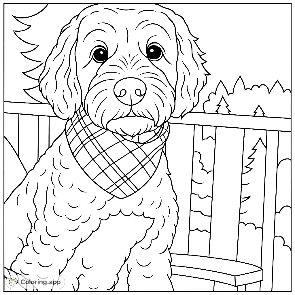 A charming curly-haired dog wearing a patterned bandana, sitting on a balcony with a scenic background. Perfect for dog lovers to personalize with imaginative colors.