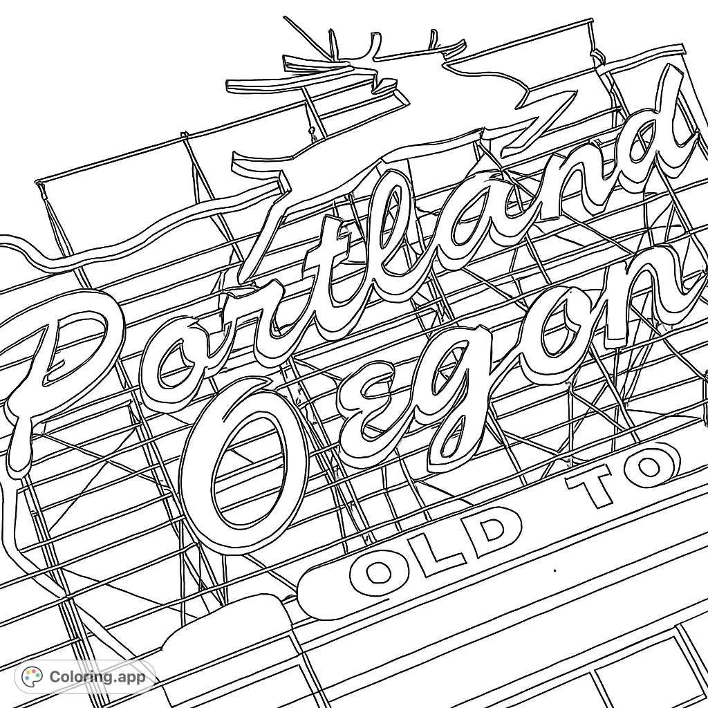 Color this iconic Portland Oregon sign featuring a leaping stag and classic script letters, set against a structured background. Perfect for urban explorers!