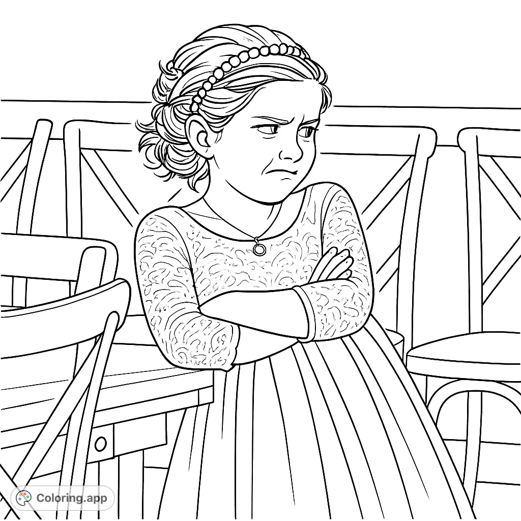 A young girl in a pretty dress and headband, with a comically grumpy expression and crossed arms. A fun, expressive portrait for creative coloring.