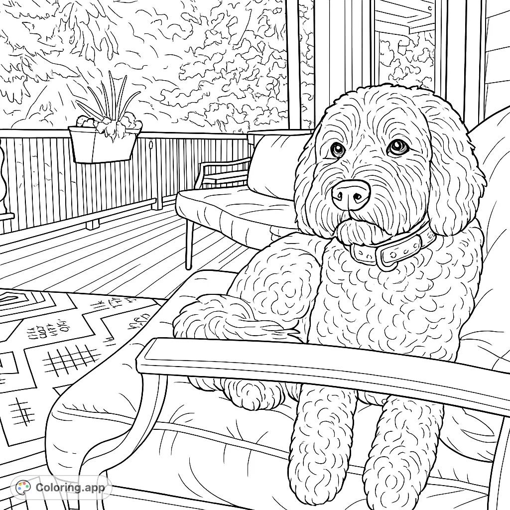 A charming, fluffy dog relaxes on a patio chair, surrounded by outdoor furniture and lush trees. A delightful scene for pet lovers.