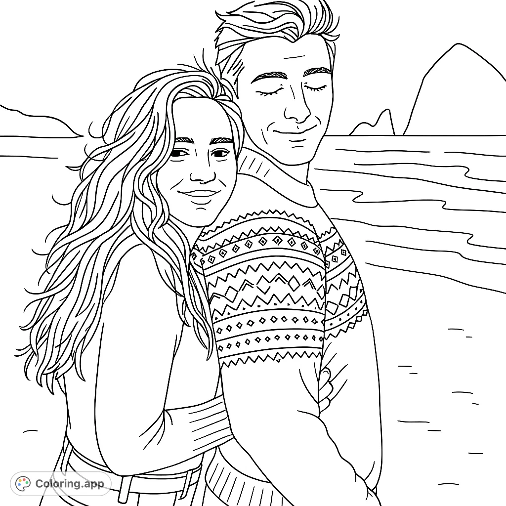 A tender moment on the beach, featuring a couple embracing, with intricate sweater patterns and a vast ocean backdrop. A perfect romantic scene to color.