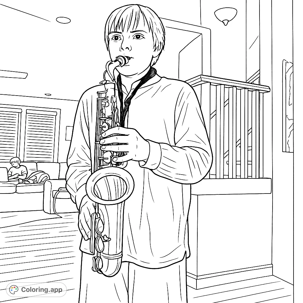 A young musician stands with a detailed saxophone, ready to play. A cozy home background sets a delightful musical scene to color.