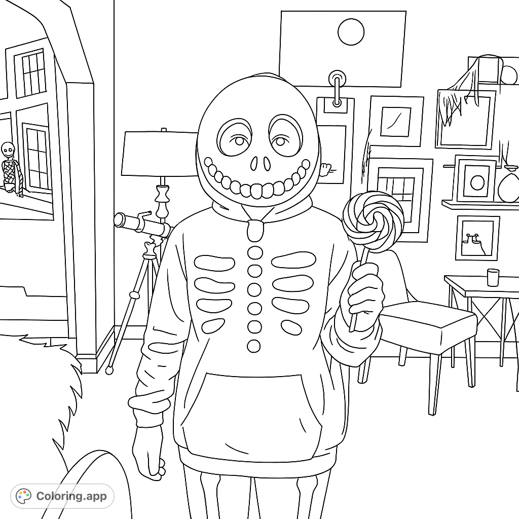 A person in a fun skeleton costume with a distinctive skull mask holds a large swirl lollipop, ready for a festive occasion. Perfect for spooky season fun!