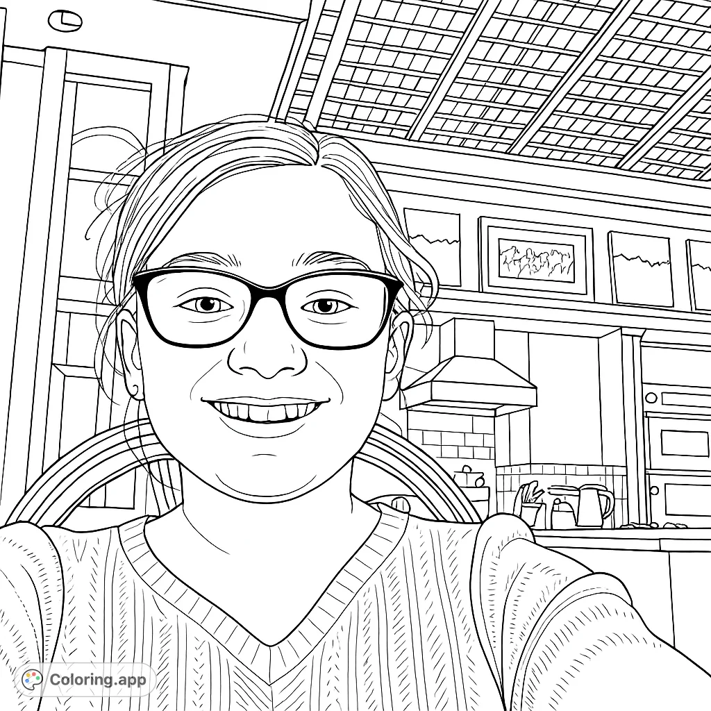 A delightful portrait of a smiling girl with glasses, set against a detailed interior background with kitchen elements and patterned ceiling.