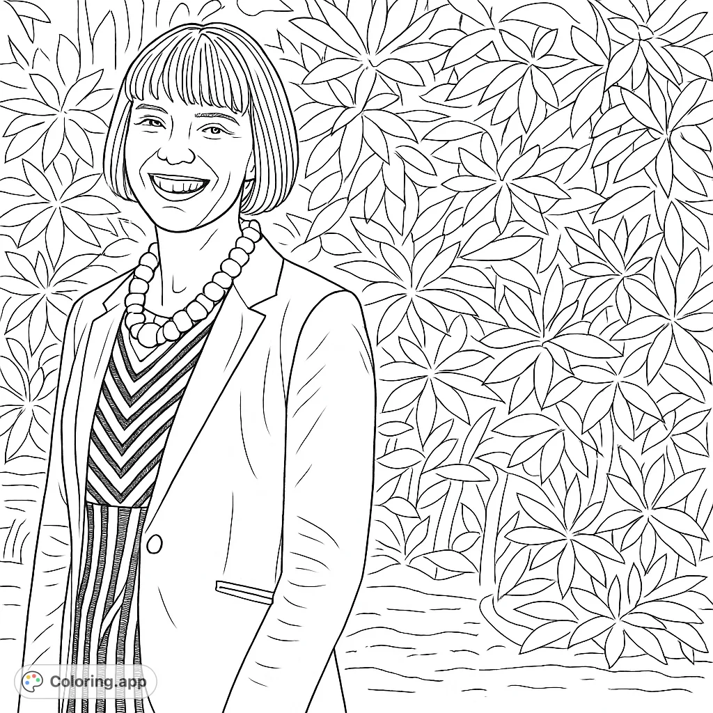 A captivating portrait of a smiling woman with a detailed necklace and patterned attire against a backdrop of natural foliage. Ideal for thoughtful coloring.