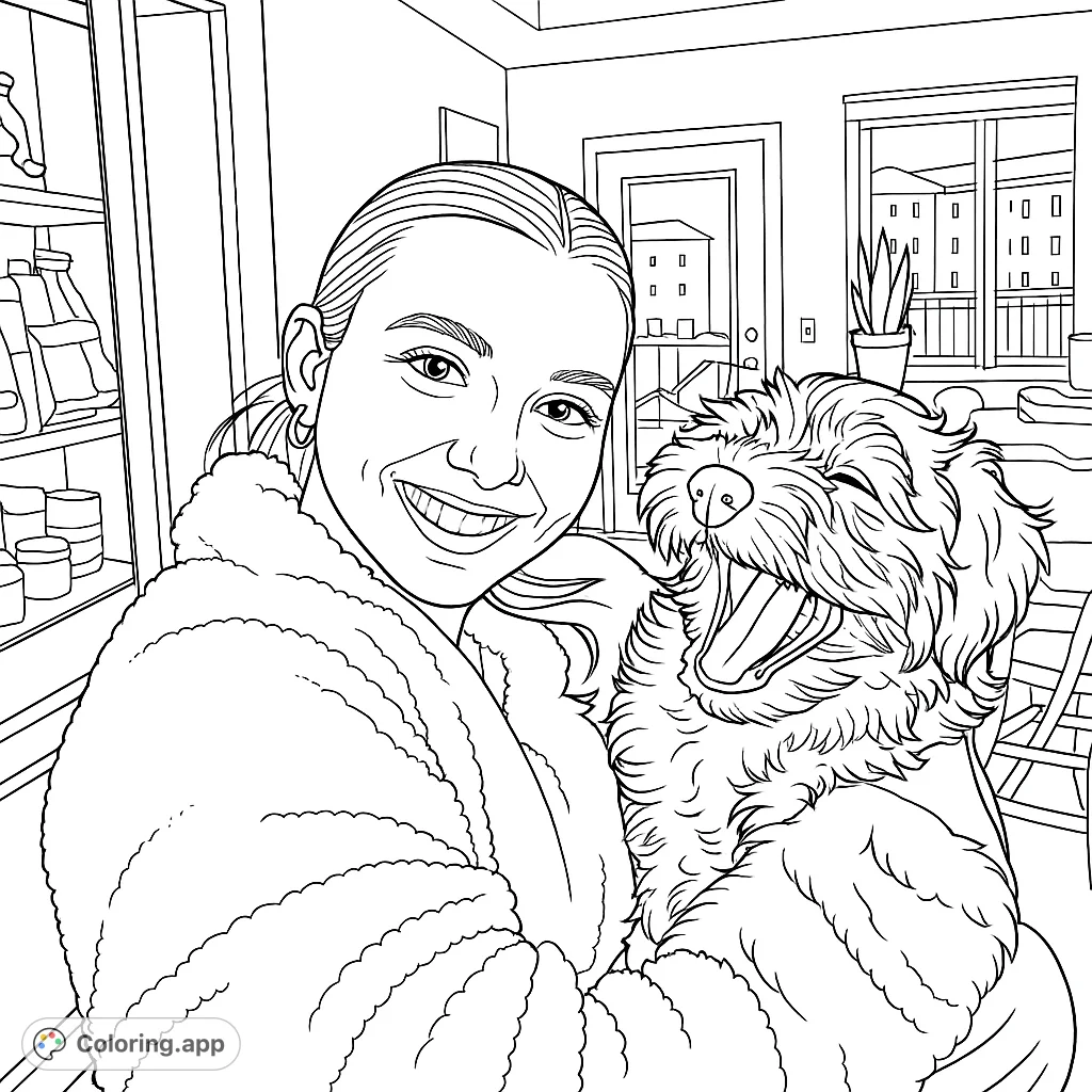 A heartwarming coloring page featuring a smiling woman gently holding a fluffy, playful puppy with an open mouth. Perfect for animal lovers!