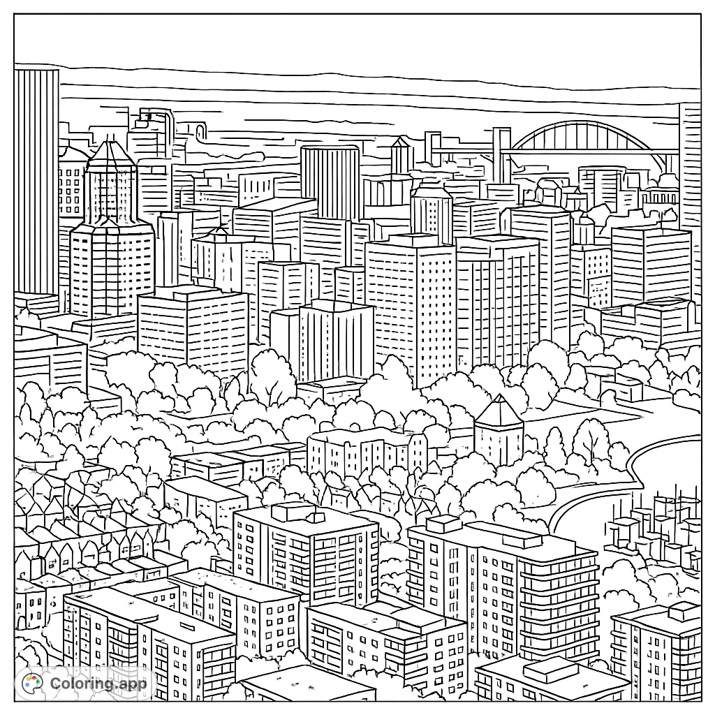 Explore a detailed cityscape featuring diverse architecture, a prominent arched bridge, a lively marina, and lush parkland in this intricate urban coloring page.