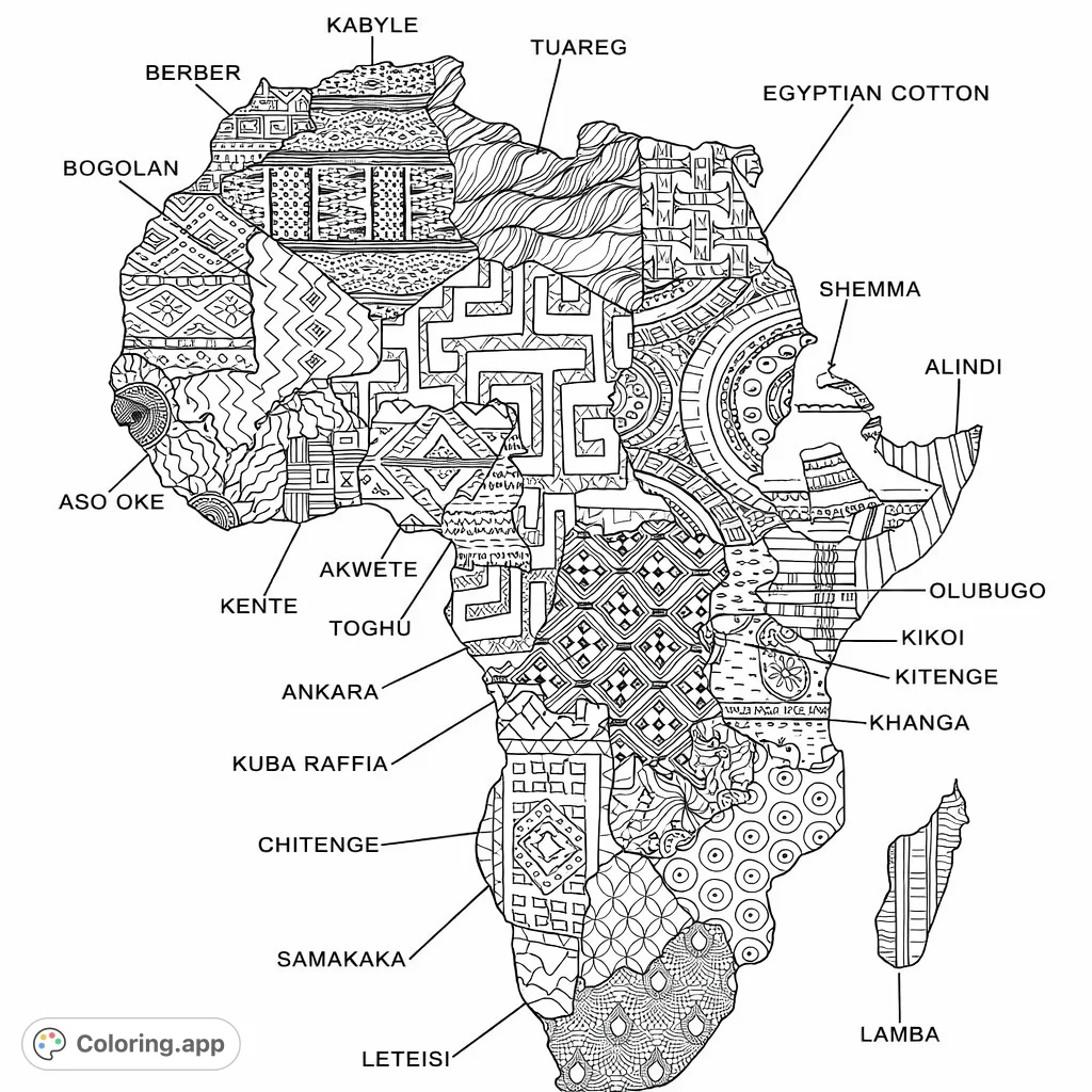 Explore the rich tapestry of African textile traditions. This detailed map features diverse fabric patterns from across the continent, ready for your creative touch.