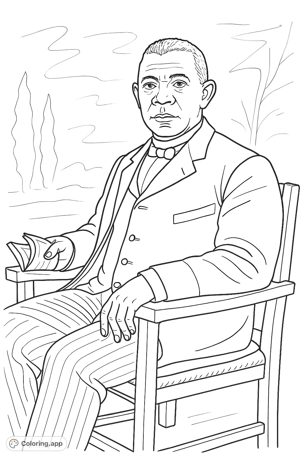 A distinguished man in a suit and bow tie, seated in a classic wooden chair against a simple backdrop. A timeless portrait ready for your creative touch.