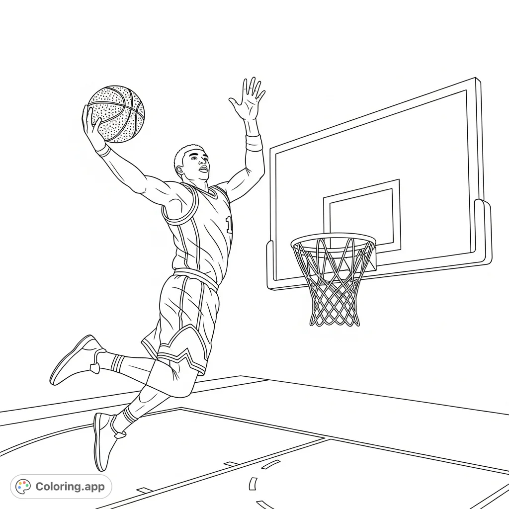 Capture the exciting moment of a basketball player in mid-air, shooting the ball. A dynamic sports coloring page for all ages.
