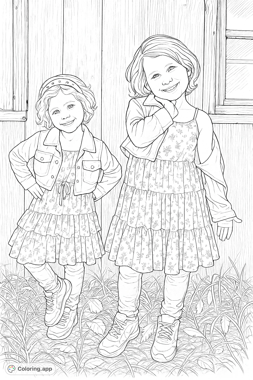 Two cheerful girls in tiered floral dresses and jackets pose against a rustic wooden wall, surrounded by dry foliage. A charming scene for creative coloring.