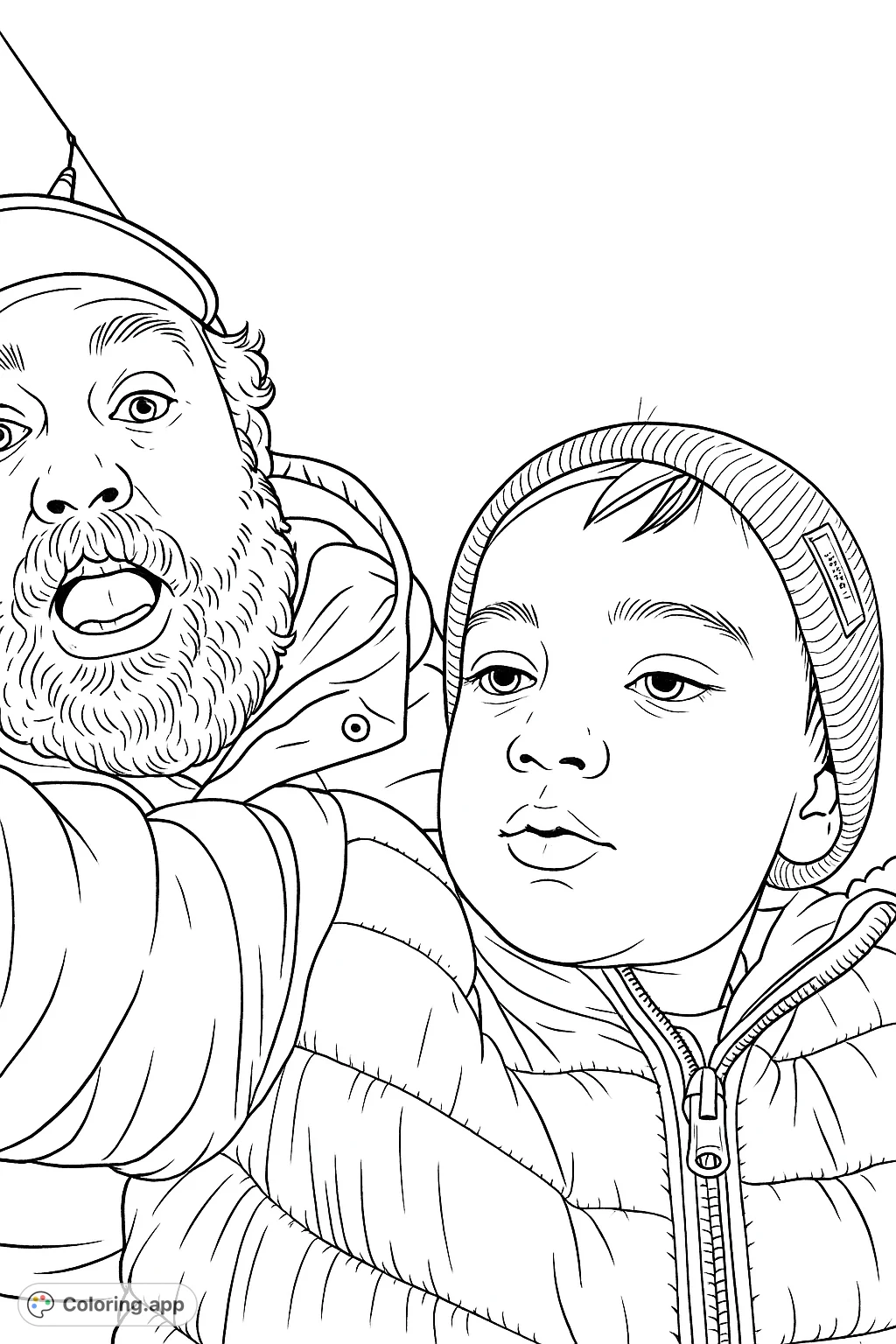 Capture a playful moment with this dad and kid selfie coloring page. Features expressive faces, detailed clothing, and a simple sky background for creative coloring.