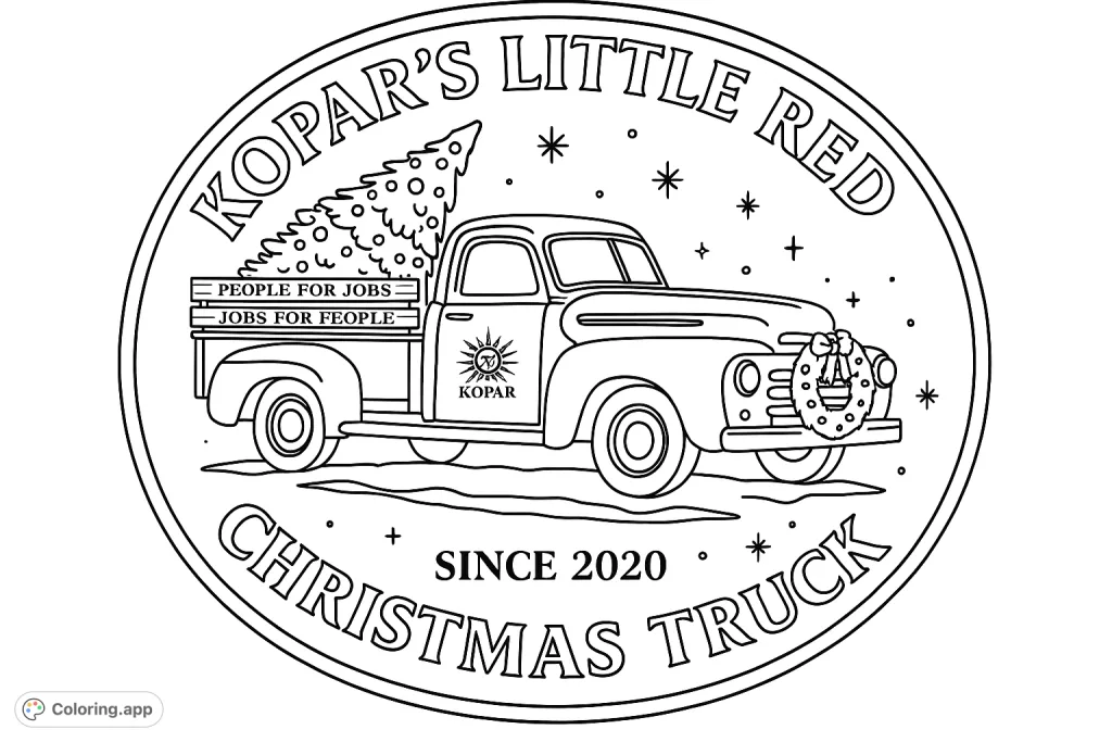 A charming vintage pickup truck carries a decorated Christmas tree, complete with a festive wreath on its front, all within a circular, star-filled design.