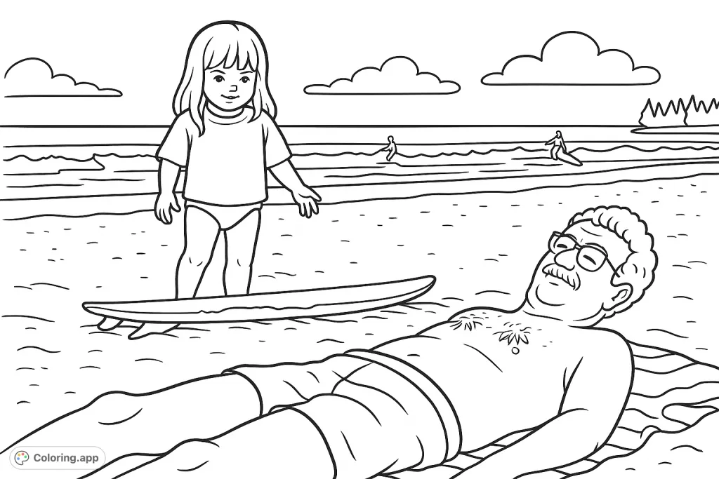 Enjoy a serene beach scene featuring a relaxing adult, a curious child, and ocean waves. Perfect for summer fun and family bonding!