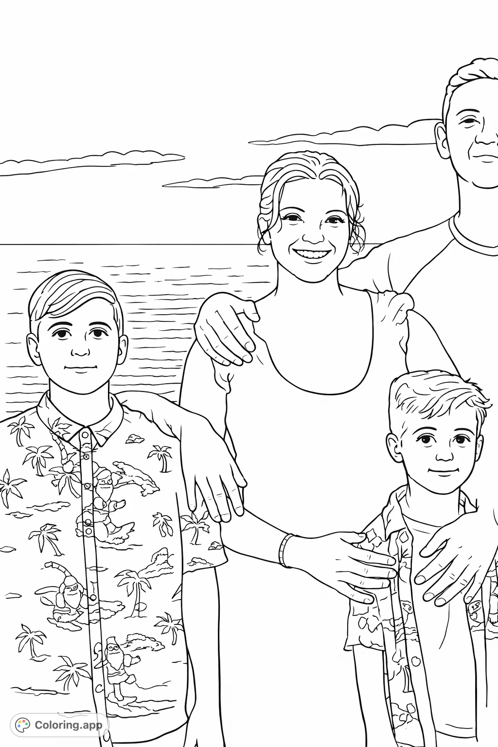 A heartwarming family scene by the water, perfect for a relaxing coloring experience. Features smiling faces against a wide sky, ideal for all ages.