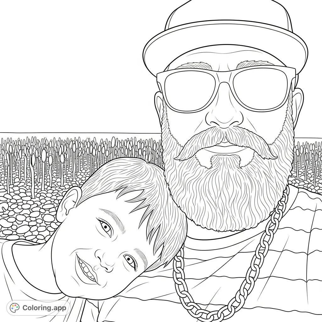 A heartwarming close-up of a bearded adult in sunglasses and a cap, embracing a smiling child against a backdrop of tall plants and pebbles.