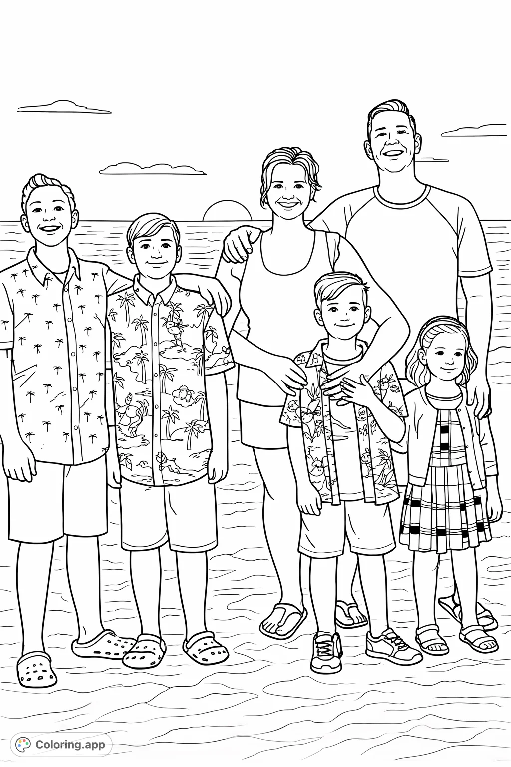 Enjoy coloring a lovely family of six posing on a simple beach scene. Perfect for a relaxing creative activity with minimal details and large spaces.