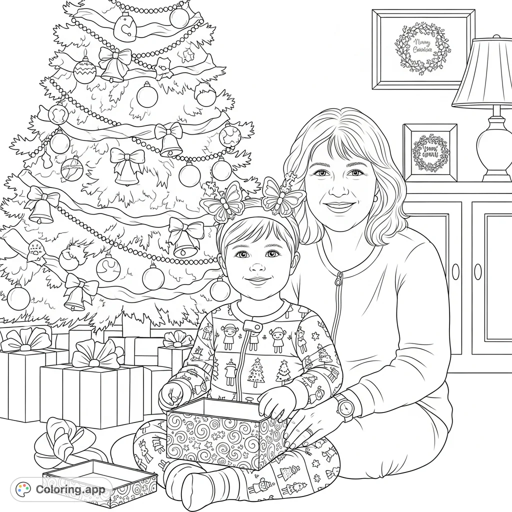 A heartwarming holiday scene with a child in festive pajamas opening a gift, accompanied by a smiling woman and a sparkling, adorned holiday tree.
