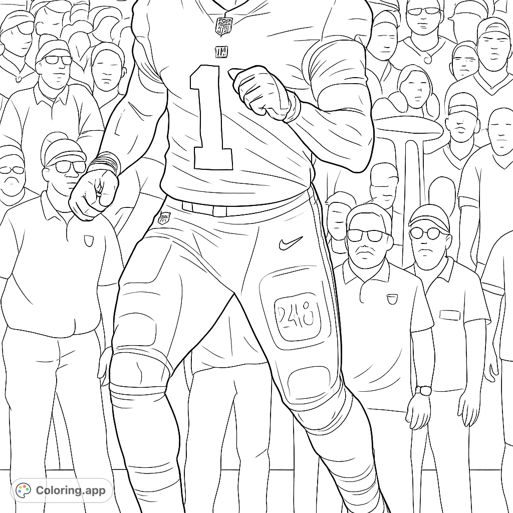 Capture the thrill of the game with this dynamic football player coloring page, featuring a prominent jersey number and detailed uniform elements.