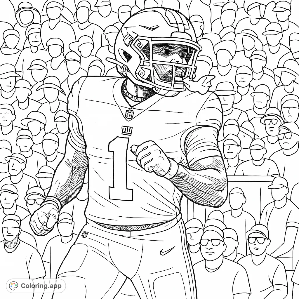 Capture the intensity of a football player in full uniform, ready for action amidst a stadium crowd. A dynamic sports coloring page for fans of the game.
