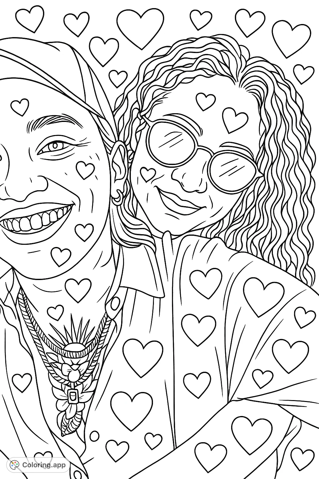 A heartwarming embrace featuring two individuals, adorned with layered necklaces, subtle tattoos, and decorative heart patterns throughout the design.