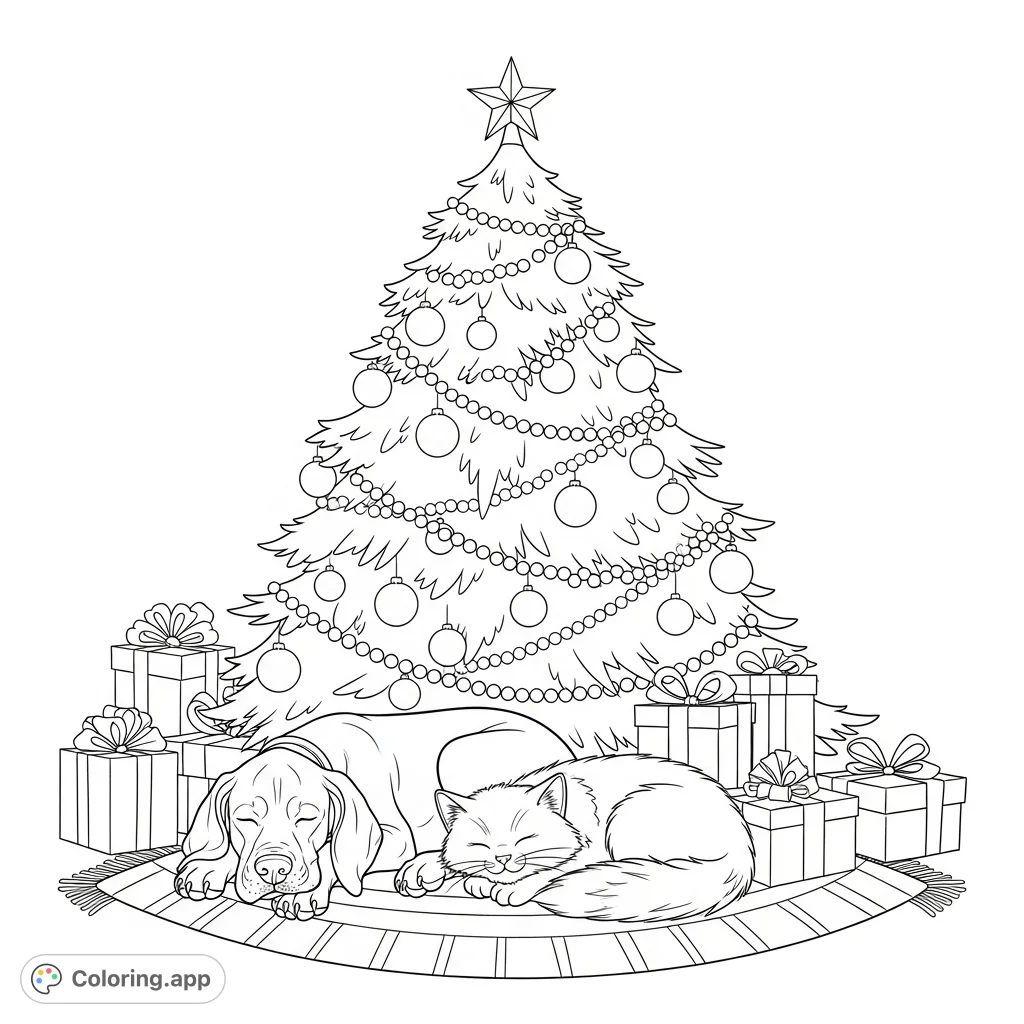 A heartwarming Christmas scene with a pointer puppy and its fluffy cat friend sleeping under a festive tree adorned with ornaments and presents. Perfect for all ages!