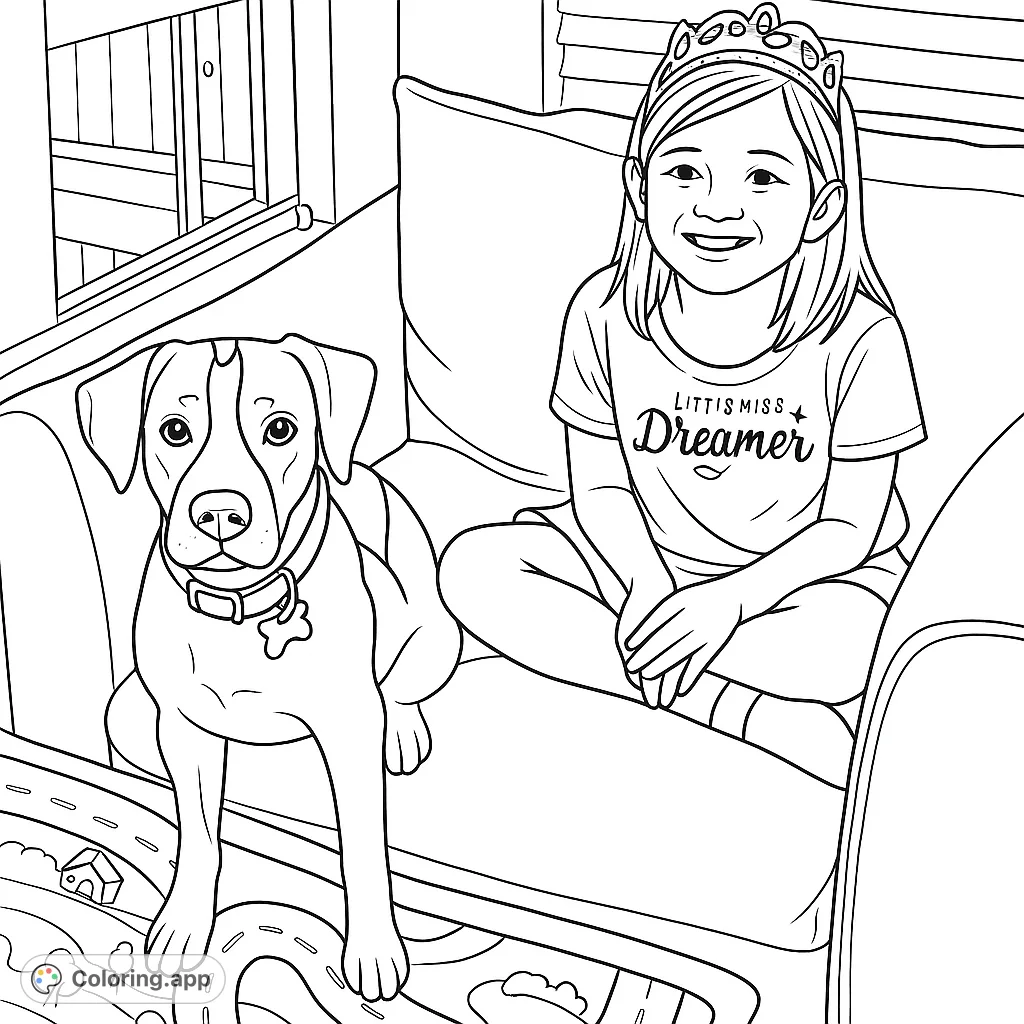 A charming coloring page featuring a smiling girl wearing a tiara and her adorable dog companion, perfect for creative young artists and pet lovers.