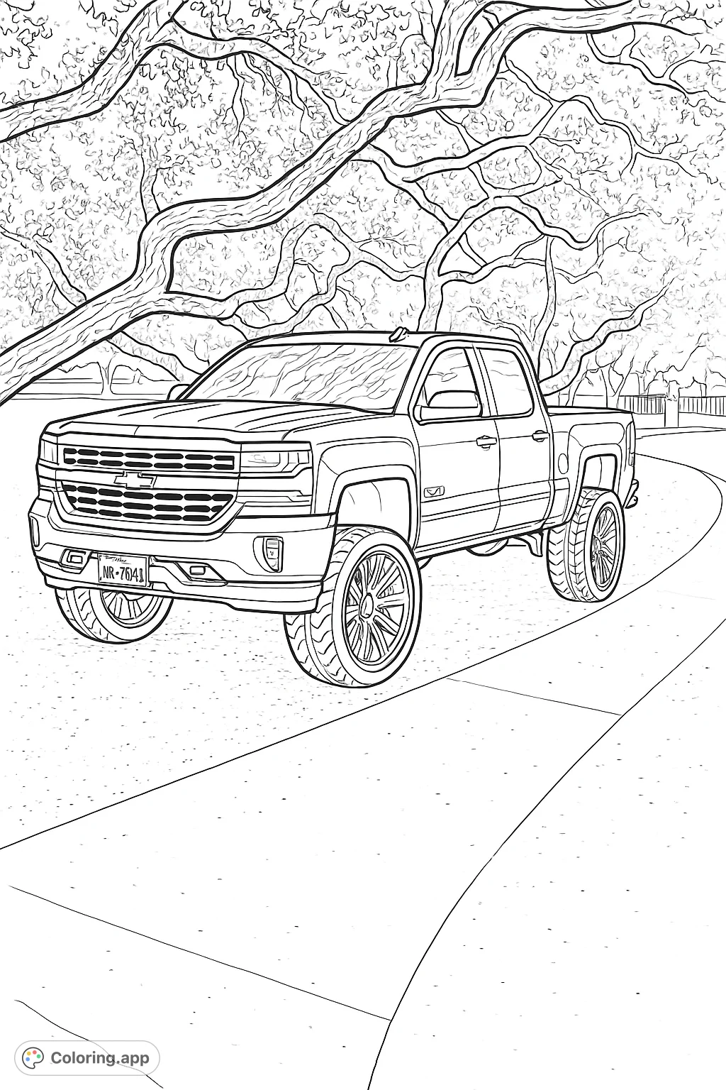Detailed lifted pickup truck under sprawling tree branches, featuring intricate wheels and a prominent grille. Perfect for vehicle enthusiasts to personalize.