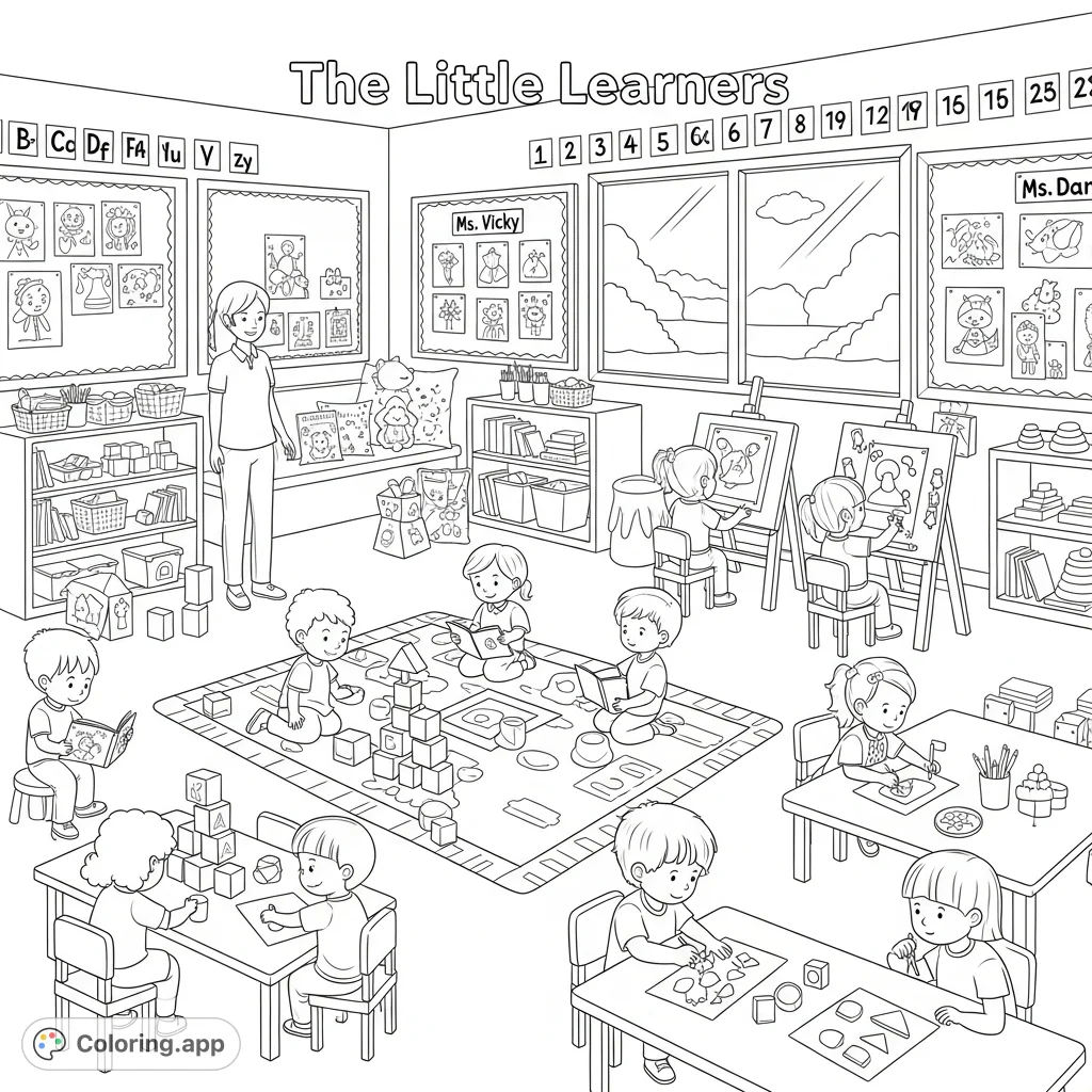 A bustling classroom scene with Ms. Vicky, Ms.