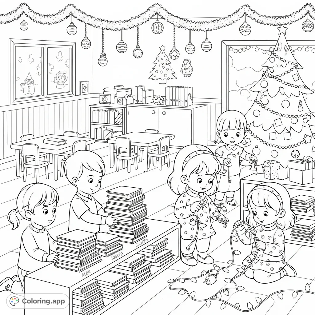 Experience the joy of a Christmas classroom! Kids Alek, Joseph, Aria, and Emma are busy stacking books and checking festive lights in this holiday scene.