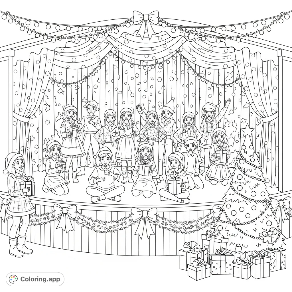 Join a joyful class on stage during their grand Christmas Show, filled with festive decorations and holiday cheer. A delightful scene for all ages to color.