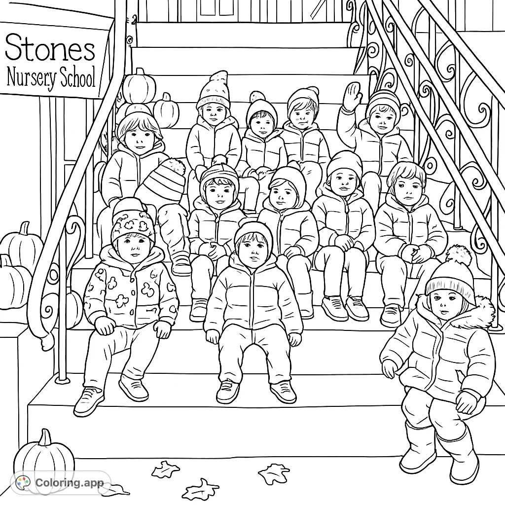 Capture a lively scene of young students posing on school steps, surrounded by festive autumn decor. A detailed and charming fall-themed group portrait.