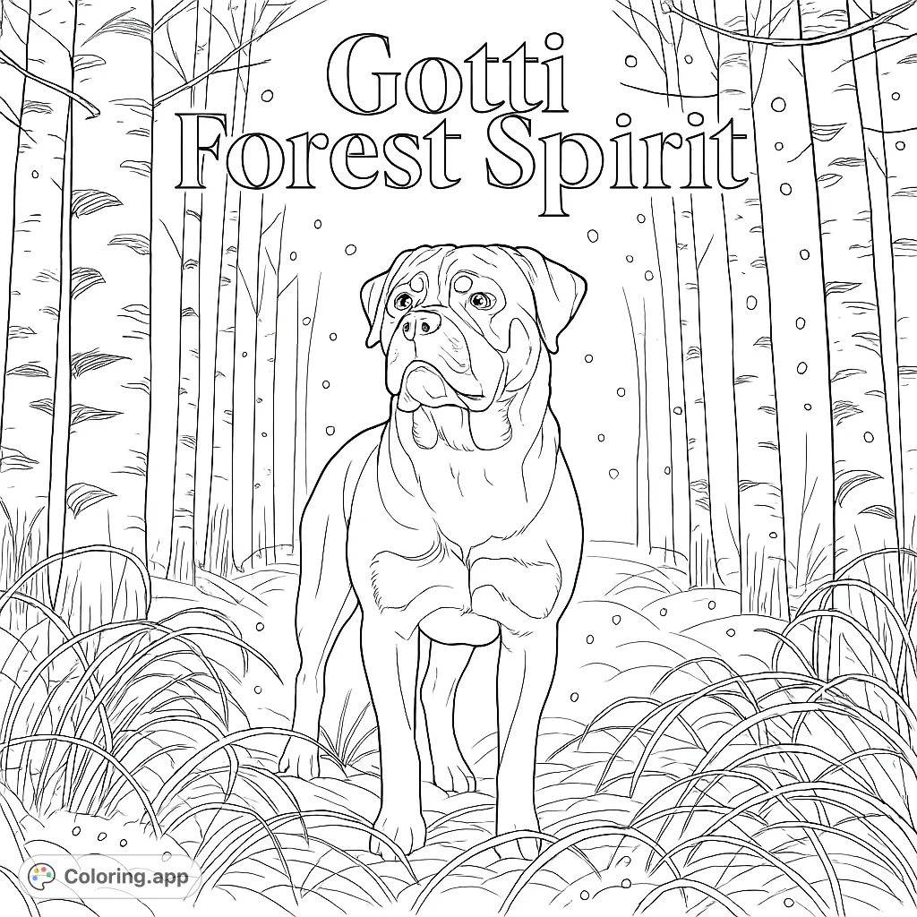A majestic Rottweiler stands amidst a sparkling winter forest of textured birch trees and glistening snow. A challenging animal coloring page for focused artistry.
