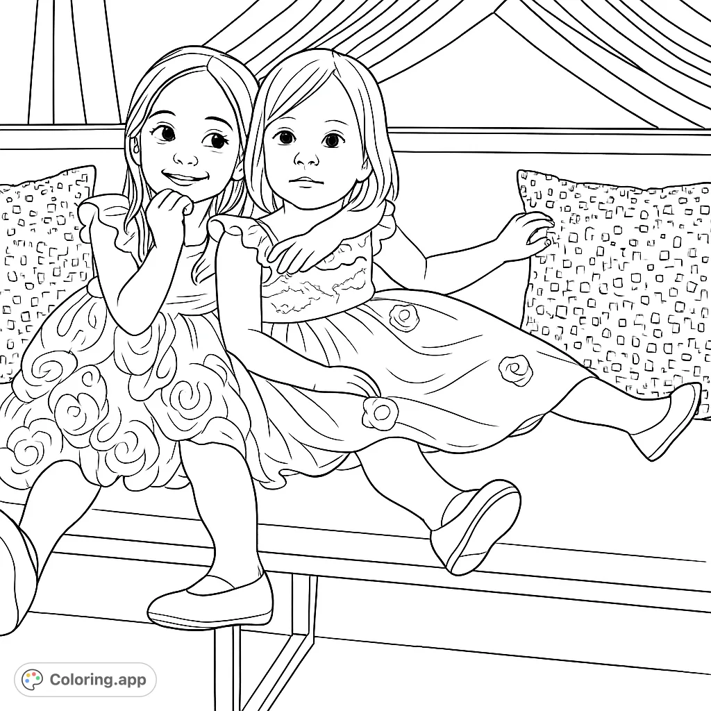 An endearing coloring page featuring two smiling young girls in pretty dresses, seated on a stylish sofa with decorative pillows.