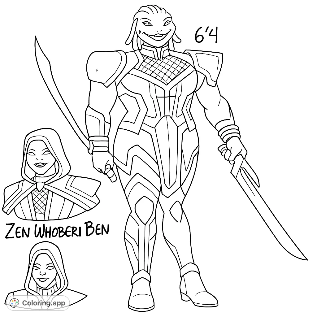 Color a powerful reptilian warrior in a sleek, armored suit, wielding dual blades. Features intricate details and a bonus hooded portrait for sci-fi and fantasy fans.