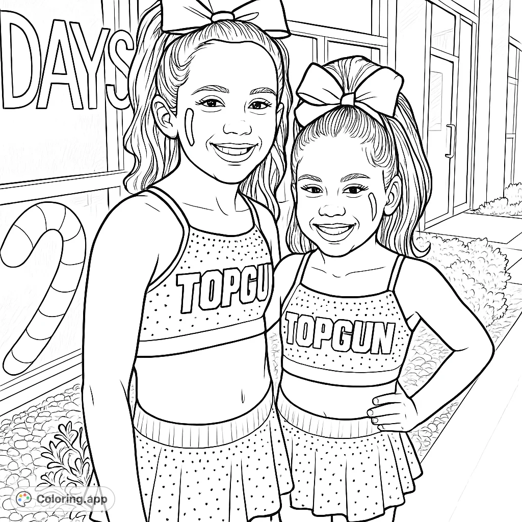 Two cheerful girls in sparkling cheerleading uniforms featuring "TOPGUN" text and large hair bows. A fun, detailed page for aspiring athletes.