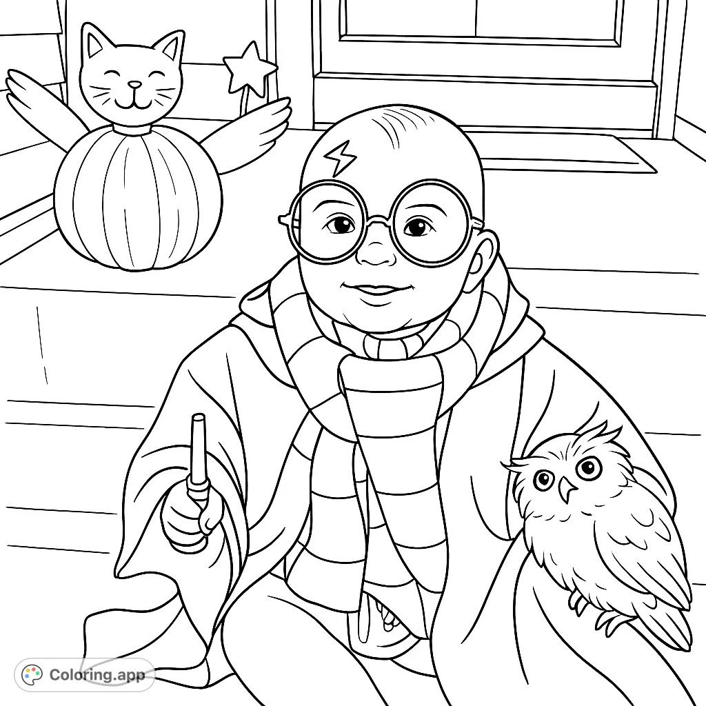 An adorable baby dressed as a wizard, complete with a striped scarf, round glasses, and holding a wand and a plush owl, alongside a whimsical pumpkin.
