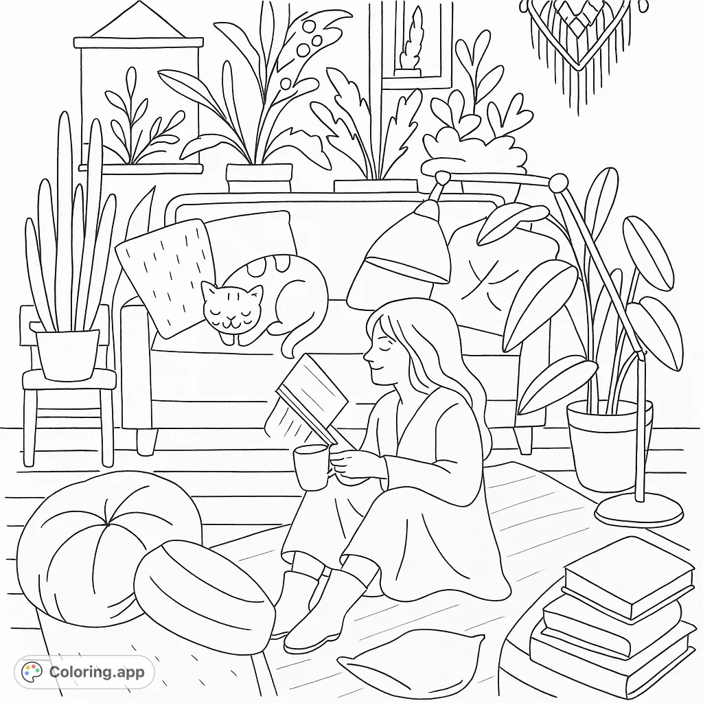 A serene indoor scene featuring a person reading, a sleeping cat, and many house plants, perfect for a relaxing coloring experience for adults.