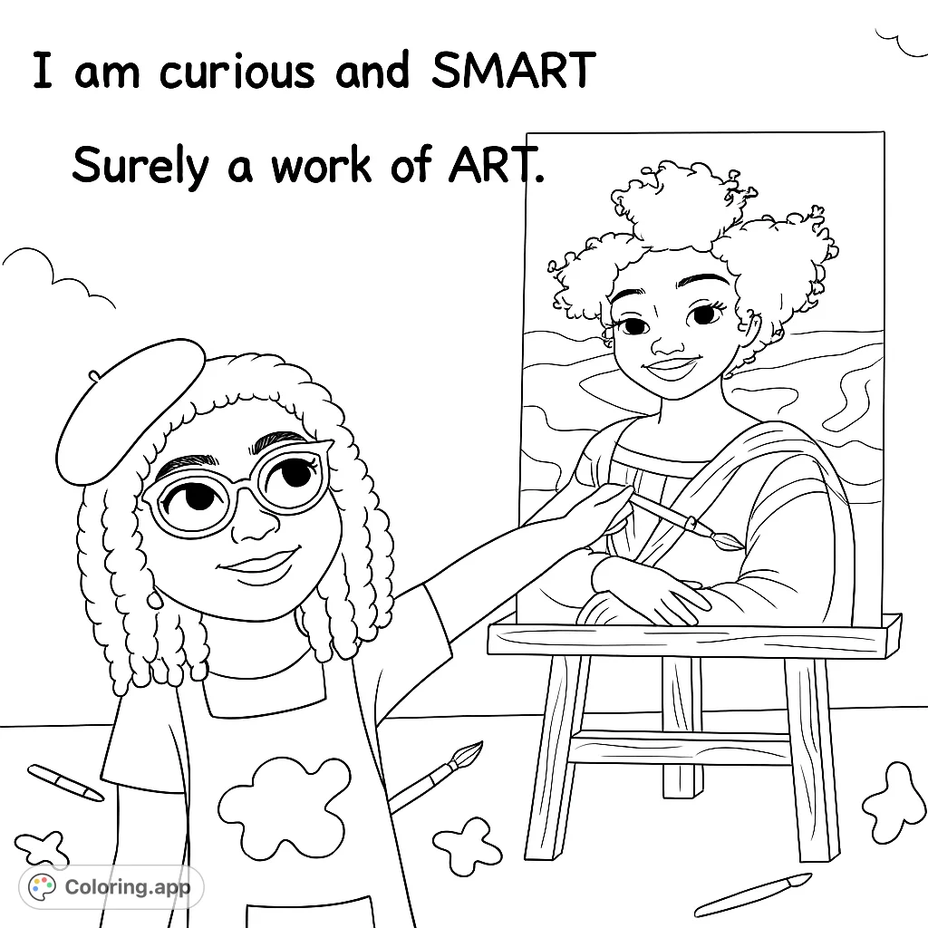 An inspiring young artist, wearing a beret and apron, works on a portrait of a smiling woman at an easel. Perfect for creative kids and art enthusiasts.