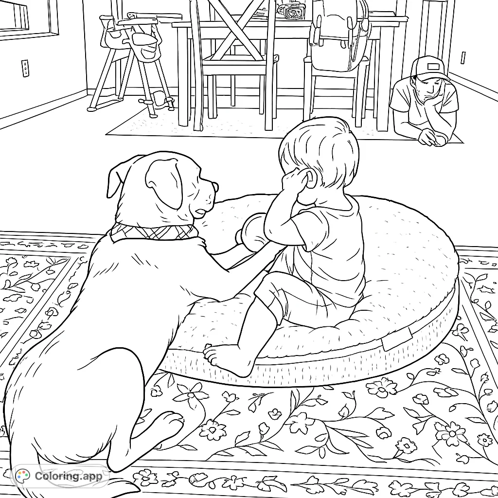 Capture a heartwarming scene of a toddler and a loyal dog sharing a playful moment on a cozy pet bed. A detailed home interior completes this sweet interaction.