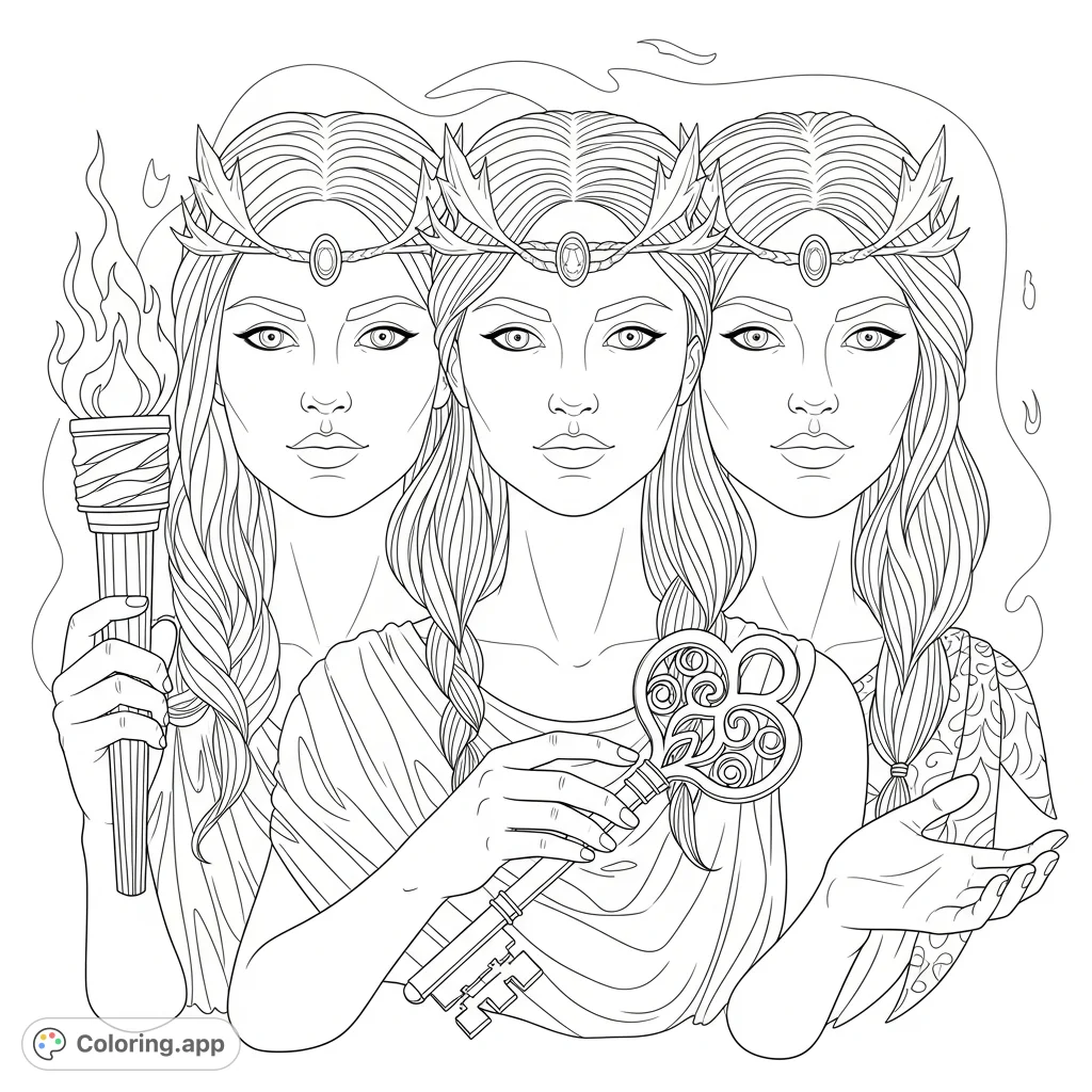 An intricate Hecate coloring page featuring three identical goddess faces, each holding symbolic objects like a torch and a key for a mystical coloring journey.