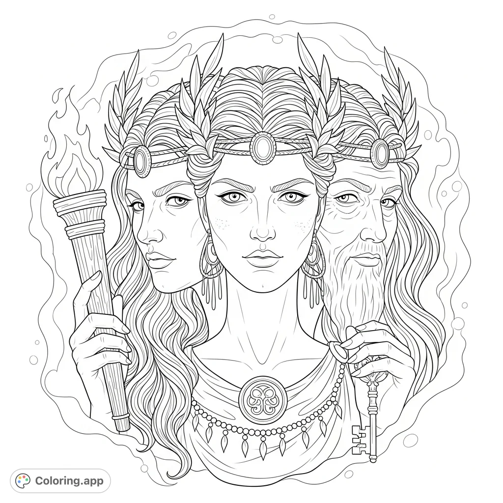 An intricate close-up of Hecate's three faces, embodying wisdom, transformation, and crossroads. A mystical Greek goddess coloring page for adults.