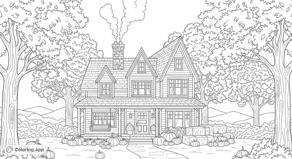 A charming, cozy home nestled amidst abundant fall foliage, pumpkins, and a welcoming porch, perfect for an autumn-themed coloring page for kids and adults.