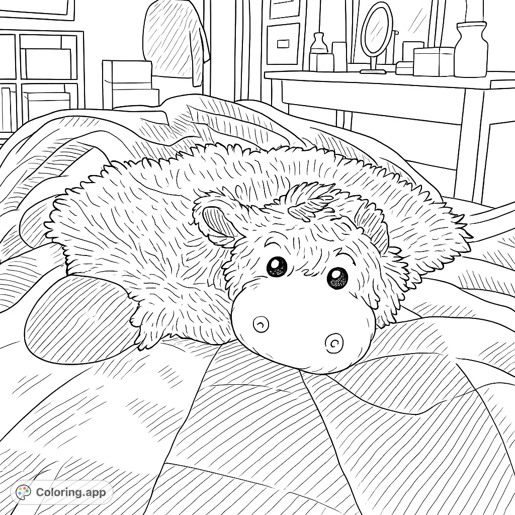 Cuddle up with this adorable plush horse toy coloring page! Perfect for kids, featuring a shaggy friend on a cozy patterned blanket.