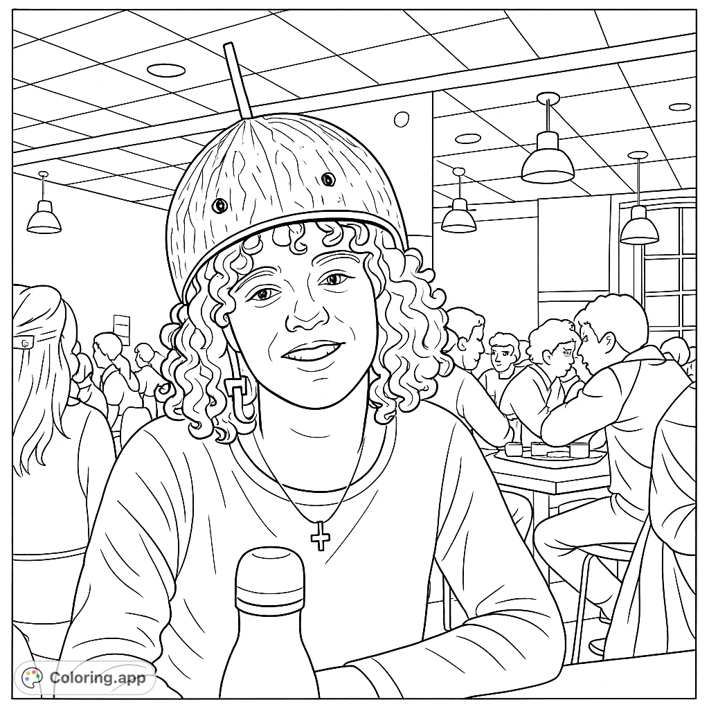 A fun coloring page featuring a smiling individual wearing a distinctive coconut shell helmet with a straw, set in a lively dining hall.