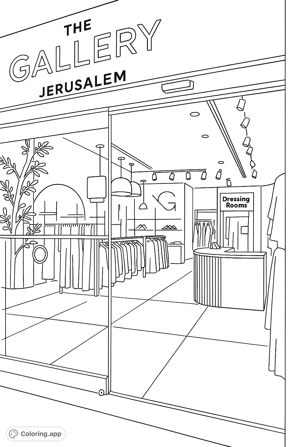 A detailed coloring page featuring a modern clothing store entrance with racks of garments, a counter, and inviting interior details. Perfect for aspiring fashionistas!
