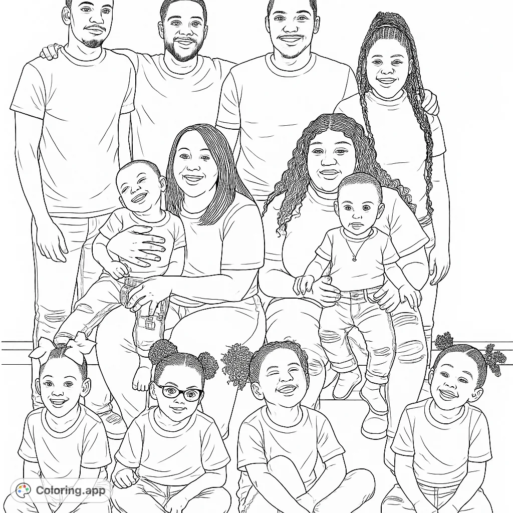 Capture the heartwarming scene of a large, smiling family. This family portrait coloring page features multiple generations and cheerful expressions.