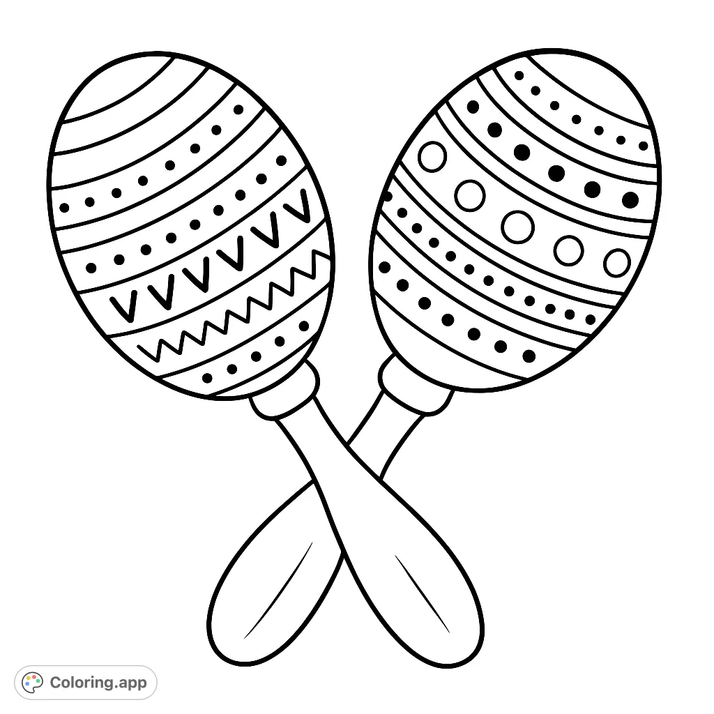 Color two beautifully patterned maracas, crossed with intricate bands of dots, zigzags, and V-shapes. A lively, musical design for creative expression.