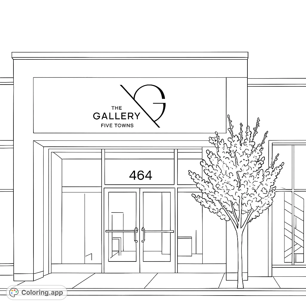 A charming storefront with clean architectural lines and a prominent sign, softened by a beautifully blooming tree. Perfect for city scenes and tranquil urban designs.